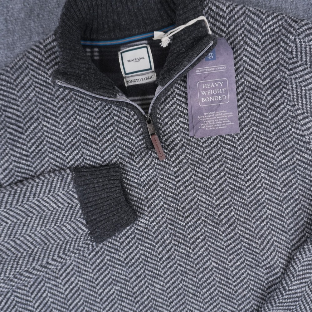 Brave Soul Quarter Zip‎ Pullover Mens 2XL Grey Herringbone Bonded Sweater NEW